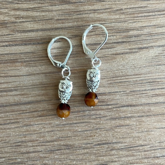 Hand Crafted Jewelry - HAND CRAFTED TINY OWL EARRINGS with Amber Glass
